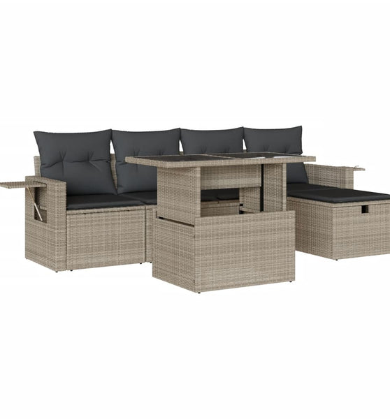 6-tlg. Garten-Sofagarnitur mit Kissen Hellgrau Poly Rattan