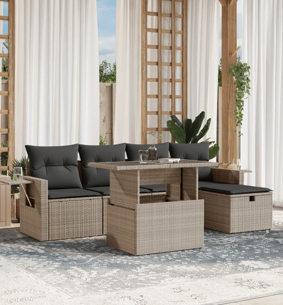 6-tlg. Garten-Sofagarnitur mit Kissen Hellgrau Poly Rattan