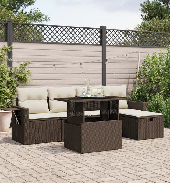 6-tlg. Garten-Sofagarnitur mit Kissen Braun Poly Rattan