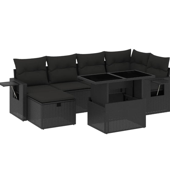 7-tlg. Garten-Sofagarnitur mit Kissen Schwarz Poly Rattan