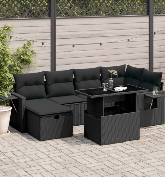 7-tlg. Garten-Sofagarnitur mit Kissen Schwarz Poly Rattan