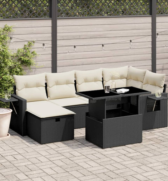 7-tlg. Garten-Sofagarnitur mit Kissen Schwarz Poly Rattan