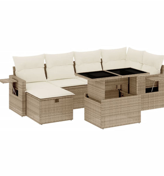 7-tlg. Garten-Sofagarnitur mit Kissen Beige Poly Rattan