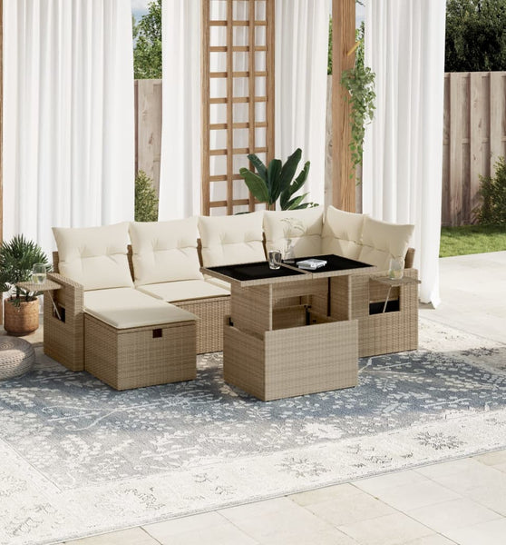 7-tlg. Garten-Sofagarnitur mit Kissen Beige Poly Rattan