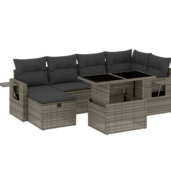 7-tlg. Garten-Sofagarnitur mit Kissen Grau Poly Rattan