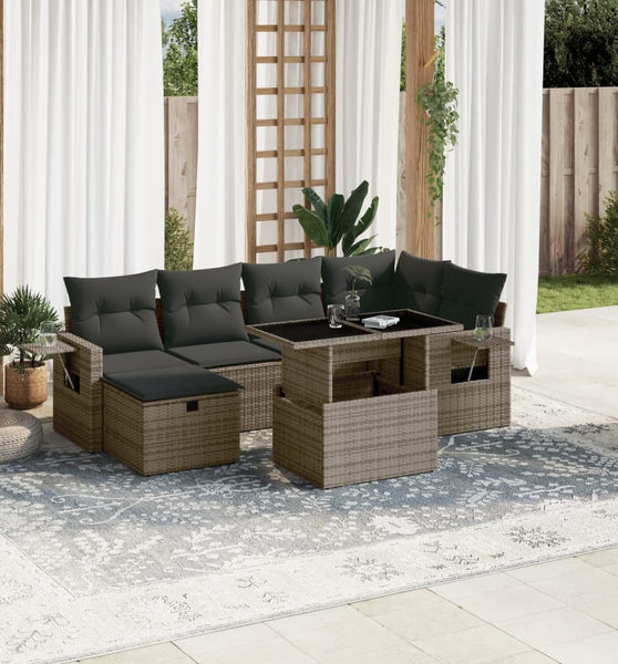 7-tlg. Garten-Sofagarnitur mit Kissen Grau Poly Rattan