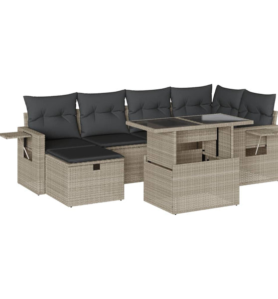7-tlg. Garten-Sofagarnitur mit Kissen Hellgrau Poly Rattan