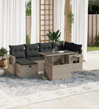 7-tlg. Garten-Sofagarnitur mit Kissen Hellgrau Poly Rattan