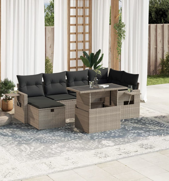 7-tlg. Garten-Sofagarnitur mit Kissen Hellgrau Poly Rattan