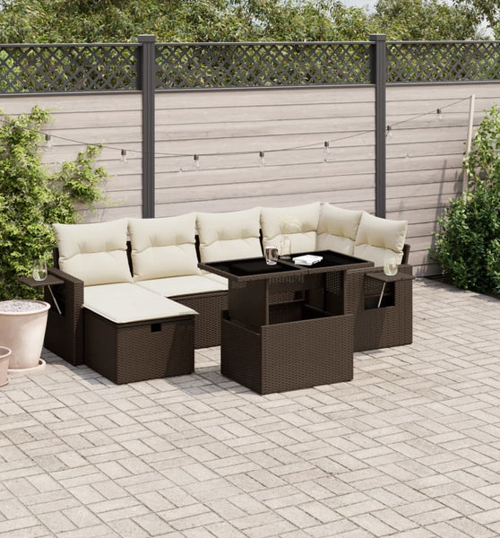 7-tlg. Garten-Sofagarnitur mit Kissen Braun Poly Rattan