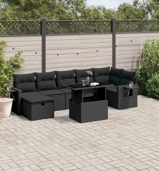 8-tlg. Garten-Sofagarnitur mit Kissen Schwarz Poly Rattan