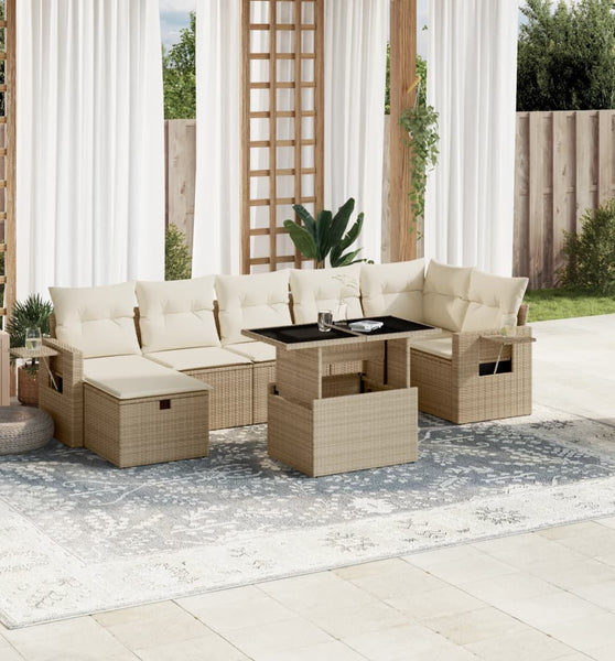 8-tlg. Garten-Sofagarnitur mit Kissen Beige Poly Rattan