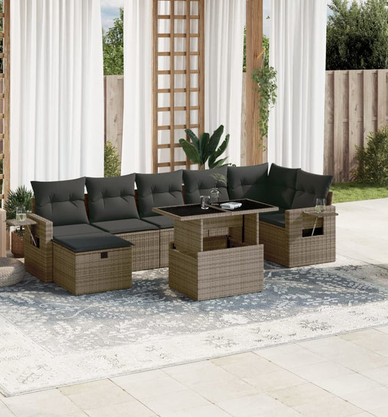 8-tlg. Garten-Sofagarnitur mit Kissen Grau Poly Rattan