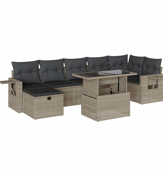 8-tlg. Garten-Sofagarnitur mit Kissen Hellgrau Poly Rattan