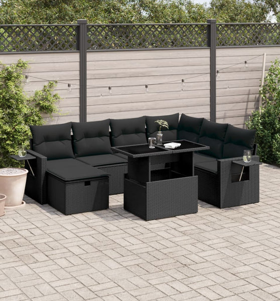 8-tlg. Garten-Sofagarnitur mit Kissen Schwarz Poly Rattan