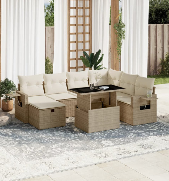 8-tlg. Garten-Sofagarnitur mit Kissen Beige Poly Rattan