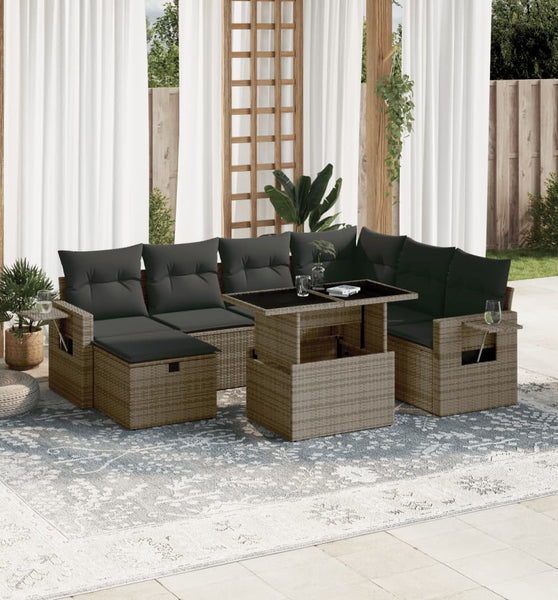 8-tlg. Garten-Sofagarnitur mit Kissen Grau Poly Rattan