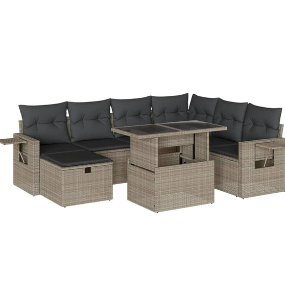 8-tlg. Garten-Sofagarnitur mit Kissen Hellgrau Poly Rattan