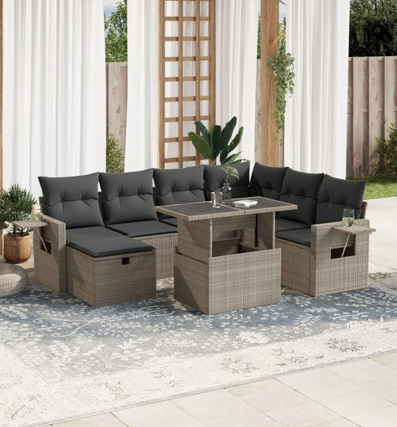 8-tlg. Garten-Sofagarnitur mit Kissen Hellgrau Poly Rattan