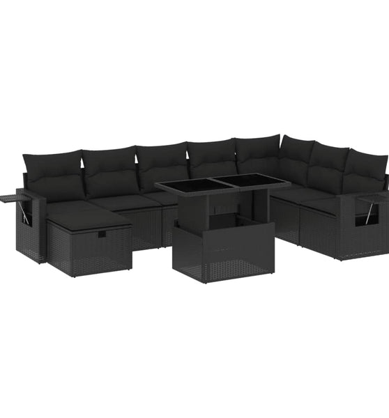9-tlg. Garten-Sofagarnitur mit Kissen Schwarz Poly Rattan