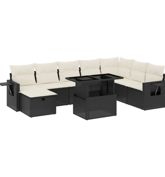 9-tlg. Garten-Sofagarnitur mit Kissen Schwarz Poly Rattan