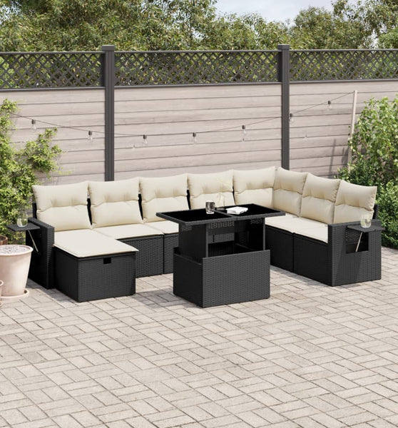 9-tlg. Garten-Sofagarnitur mit Kissen Schwarz Poly Rattan