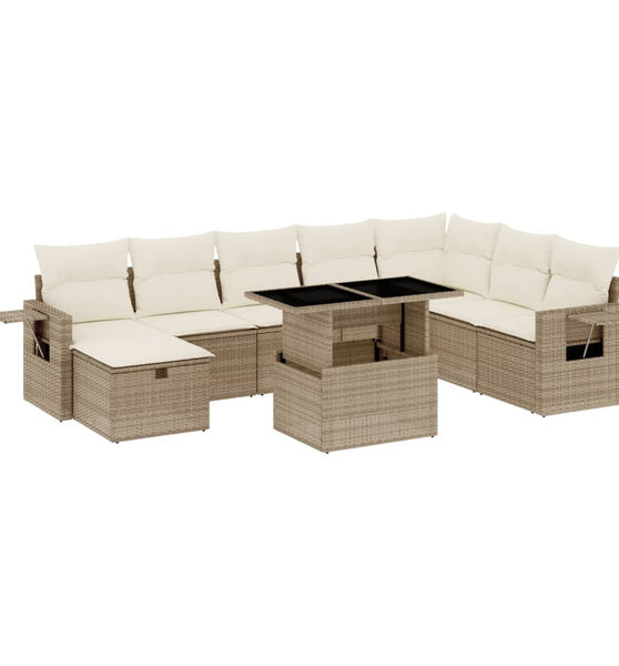 9-tlg. Garten-Sofagarnitur mit Kissen Beige Poly Rattan