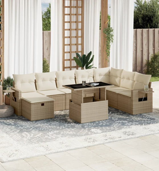 9-tlg. Garten-Sofagarnitur mit Kissen Beige Poly Rattan