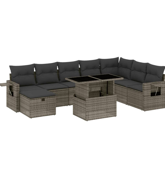 9-tlg. Garten-Sofagarnitur mit Kissen Grau Poly Rattan