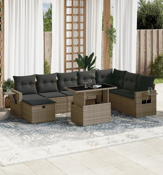 9-tlg. Garten-Sofagarnitur mit Kissen Grau Poly Rattan