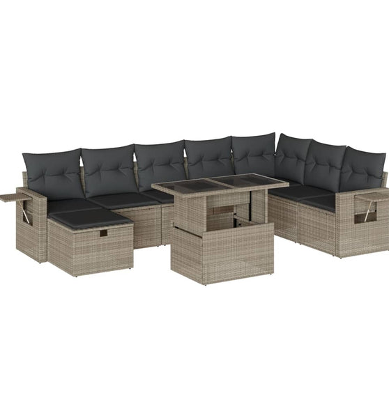 9-tlg. Garten-Sofagarnitur mit Kissen Hellgrau Poly Rattan