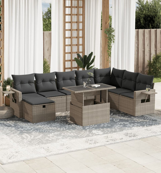9-tlg. Garten-Sofagarnitur mit Kissen Hellgrau Poly Rattan
