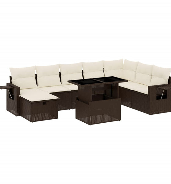 9-tlg. Garten-Sofagarnitur mit Kissen Braun Poly Rattan