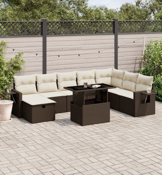 9-tlg. Garten-Sofagarnitur mit Kissen Braun Poly Rattan