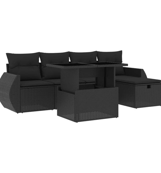 6-tlg. Garten-Sofagarnitur mit Kissen Schwarz Poly Rattan