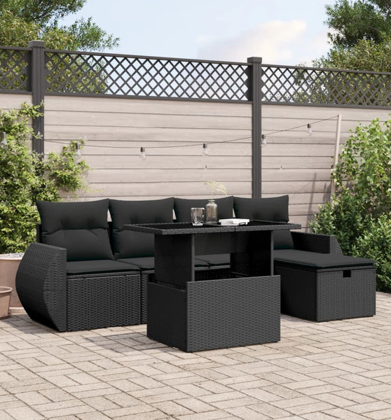 6-tlg. Garten-Sofagarnitur mit Kissen Schwarz Poly Rattan