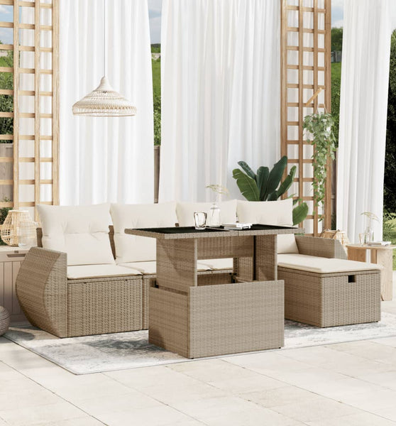 6-tlg. Garten-Sofagarnitur mit Kissen Beige Poly Rattan