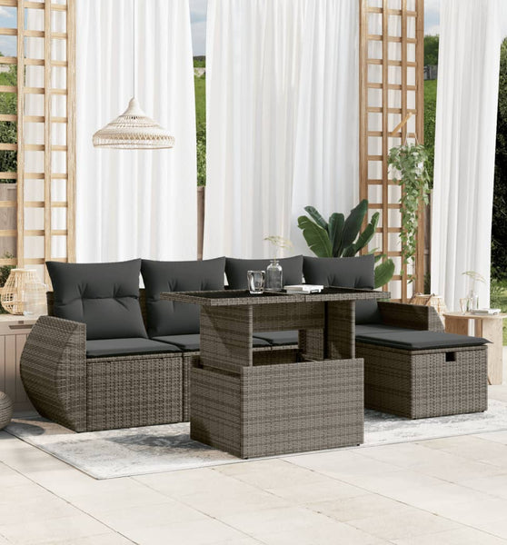 6-tlg. Garten-Sofagarnitur mit Kissen Grau Poly Rattan