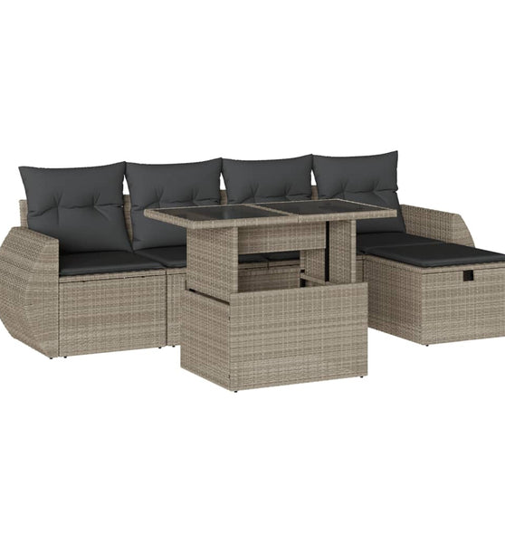 6-tlg. Garten-Sofagarnitur mit Kissen Hellgrau Poly Rattan