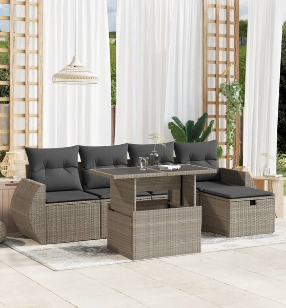 6-tlg. Garten-Sofagarnitur mit Kissen Hellgrau Poly Rattan