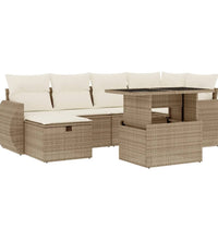 7-tlg. Garten-Sofagarnitur mit Kissen Beige Poly Rattan