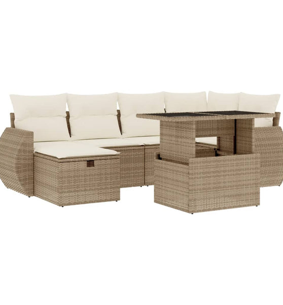 7-tlg. Garten-Sofagarnitur mit Kissen Beige Poly Rattan