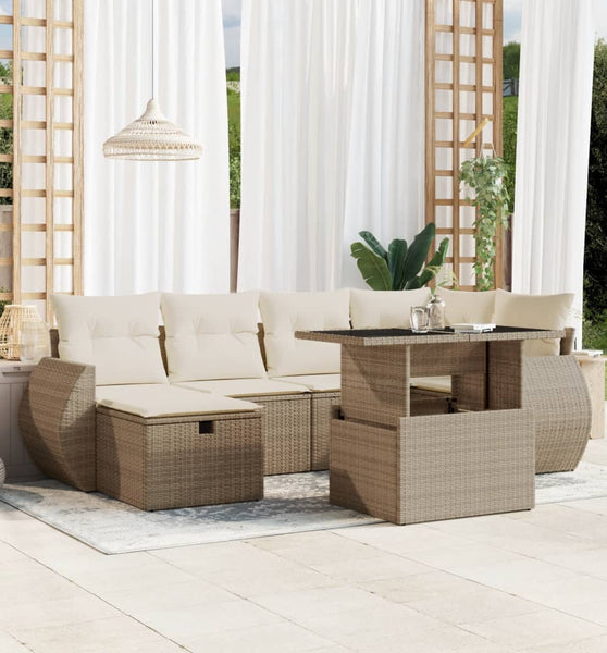 7-tlg. Garten-Sofagarnitur mit Kissen Beige Poly Rattan