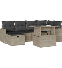 7-tlg. Garten-Sofagarnitur mit Kissen Hellgrau Poly Rattan