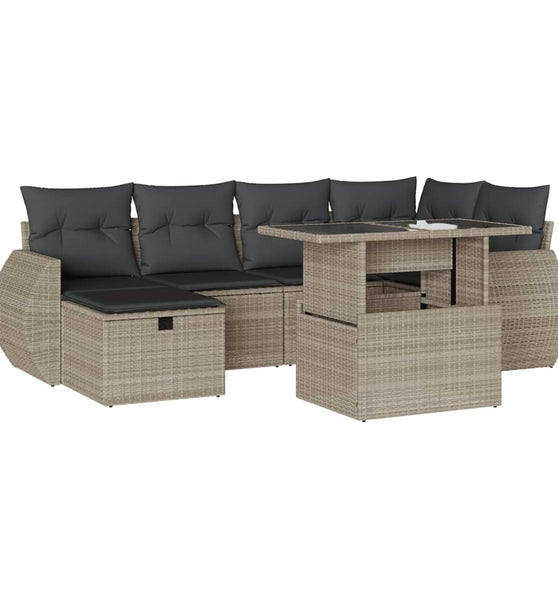 7-tlg. Garten-Sofagarnitur mit Kissen Hellgrau Poly Rattan