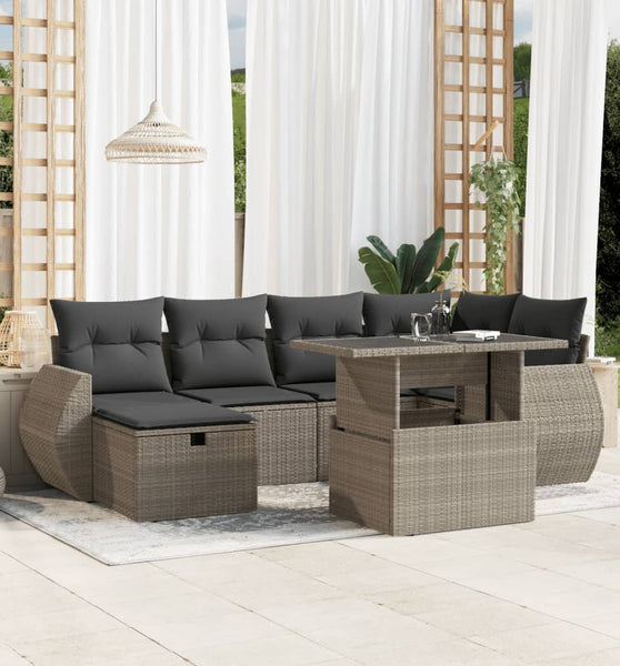 7-tlg. Garten-Sofagarnitur mit Kissen Hellgrau Poly Rattan