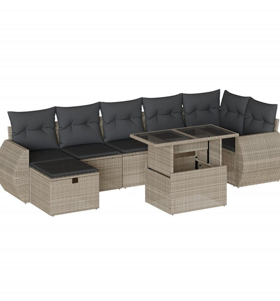8-tlg. Garten-Sofagarnitur mit Kissen Hellgrau Poly Rattan