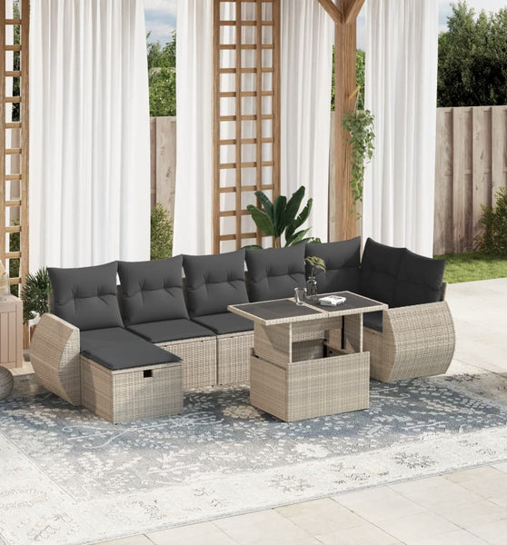 8-tlg. Garten-Sofagarnitur mit Kissen Hellgrau Poly Rattan