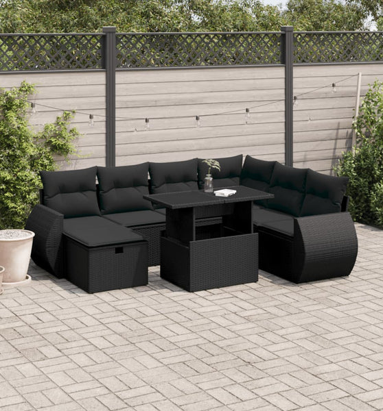8-tlg. Garten-Sofagarnitur mit Kissen Schwarz Poly Rattan