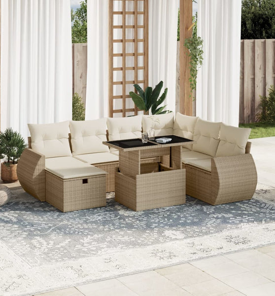 8-tlg. Garten-Sofagarnitur mit Kissen Beige Poly Rattan